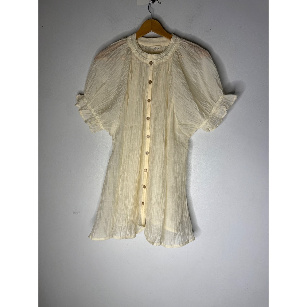 Natural Life Cream Boho Gauze Blouse Ruffle Puff Sleeve Lace Trim Button Front L